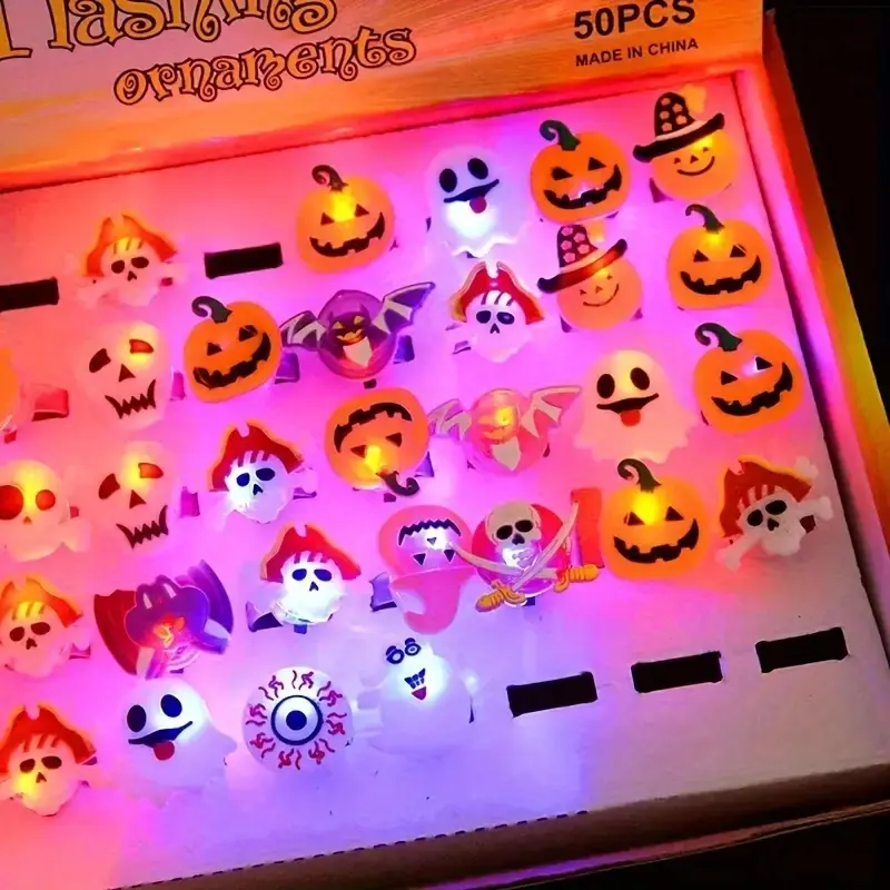🔥🎃50 Pieces Each Box‼️✨LED Light Halloween Glowing Ring 💍| Flashing Light‑Up Party Favor for Halloween Night👻