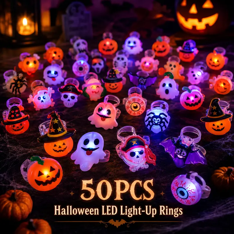 🔥🎃50 Pieces Each Box‼️✨LED Light Halloween Glowing Ring 💍| Flashing Light‑Up Party Favor for Halloween Night👻