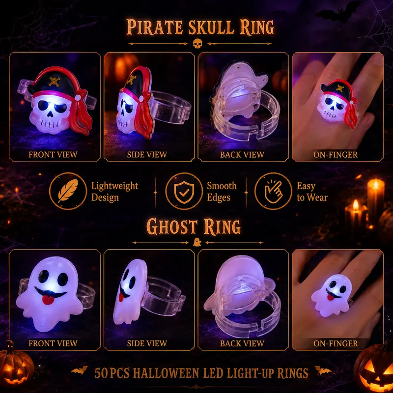 🔥🎃50 Pieces Each Box‼️✨LED Light Halloween Glowing Ring 💍| Flashing Light‑Up Party Favor for Halloween Night👻
